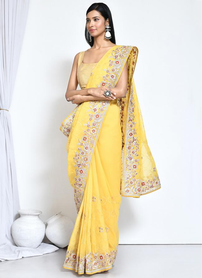 Organza Satin Silk Yellow Wedding Wear Embroidery Work Saree